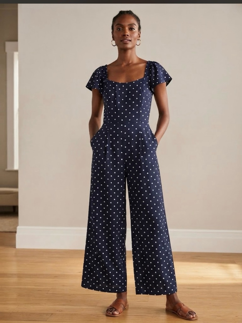 Old Navy Navy Polka Dot Square-Neck Wide-Leg Jumpsuit